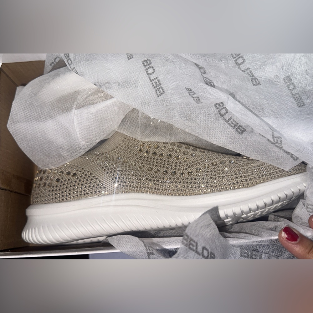 BELOS Rhinestone Glitter Slip On Sneakers Beige Size 8.5 NIB